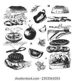 Burgers parts. Hand drawn Fast food. Vector sketch icons of hamburgers and cheeseburgers. Vintage line drawing images for food menu, coloring book, brochure or leaflet design