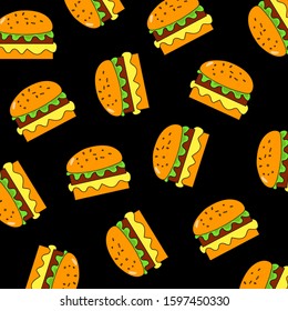 Burgers pattern on the black background. Vector illustration