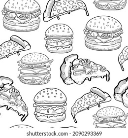 Burgers, pizza, fast food vector seamless pattern isolated on bright background. Concept for cards, print, menu