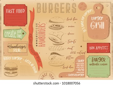 Burgers Placemat - Paper Napkin for Burger House with Place for Text in Retro Style. Vintage Design. Vector Illustration.