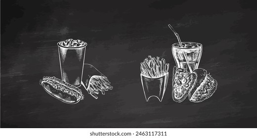 Burgers, potato french fries, drinks, set. Hand-drawn sketches of street food, takeaway food, fast food, junk food and drinks.. Retro vector illustrations collection isolated. 