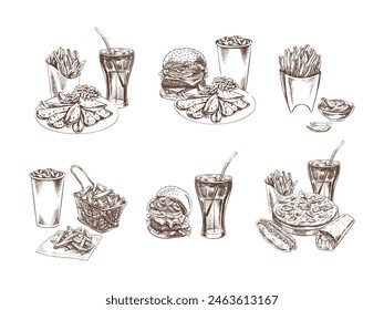 Burgers, potato french fries, drinks, set. Hand-drawn sketches of street food, takeaway food, fast food, junk food and drinks. Retro vector illustrations collection isolated.	