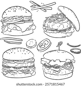 Burgers and potato french fries. Hand drawn sketch of different burgers, pickle, tomato, and fries. Fast food retro vector illustrations collection isolated on white background. Doodle sketch. 