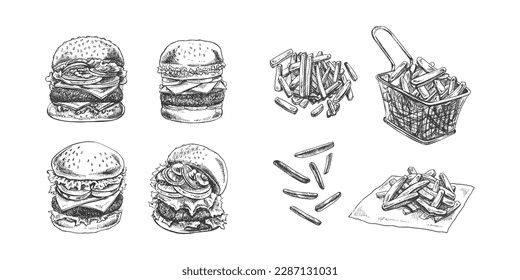 Burger und Kartoffelpommes frites Set. Handgezeichnete Skizze verschiedener Burger und Pommes frites. Fast Food Retro Vektorgrafiken Sammlung einzeln auf weißem Hintergrund. Vintage-Illustration. Elemen