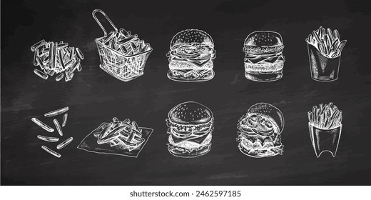 Hamburguesas y patatas fritas sobre fondo de pizarra. Dibujado a mano boceto de diferentes hamburguesas y papas fritas. Ilustraciones vectoriales retro de comida rápida aisladas. Ilustración de Antiguas.