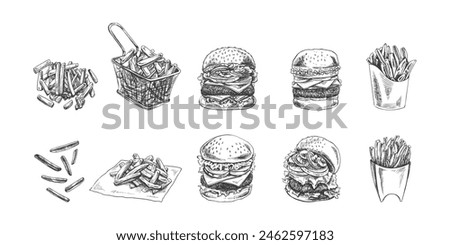 Burgers and potato french fries set. Hand drawn sketch of different burgers and french fries. Fast food retro vector illustrations collection isolated on white background. Vintage illustration.