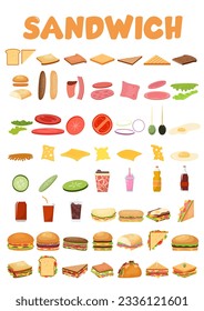 Burgers and Sandwich set. Ingredients buns, cheese, bacon, tomato, onion, lettuce, cucumbers, pickle onions, beefs, ham. Vector illustration