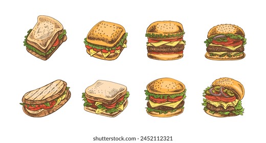 Juego de hamburguesas y sándwiches. Dibujado a mano boceto de color de diferentes hamburguesas y sándwiches con tocino, queso, ensalada, tomates, pepinos, etc. Ilustraciones vectoriales retro de comida rápida.	