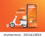 Burgers, sausages, french fries, water cans placed on the smartphone screen And there are scooters or motorcycles for transporting food parked in the back for delivery and shopping online concept