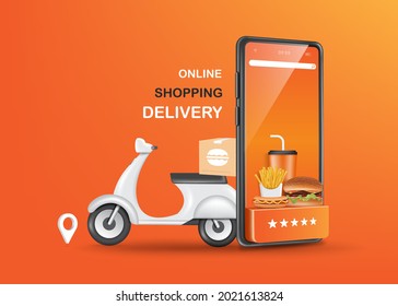 Burgers, sausages, french fries, water cans placed on the smartphone screen And there are scooters or motorcycles for transporting food parked in the back for delivery and shopping online concept