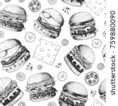 Burgers seamless pattern. Hand drawn vector illustration. Fast food, junk food pattern. American food. Burgers restaurant menu design. Engraved style image.
