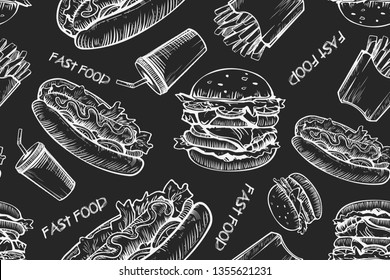 Burgers seamless pattern. Hand drawn vector illustration. Fast food, junk food pattern. American food. Burgers restaurant menu design. Hand drawn illustration of hamburger sandwich sketch style.