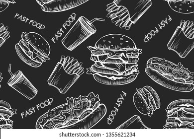 Burgers seamless pattern. Hand drawn vector illustration. Fast food, junk food pattern. American food. Burgers restaurant menu design. Hand drawn illustration of hamburger sandwich sketch style.