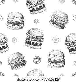 Burgers seamless pattern. Hand drawn vector illustration. Fast food, junk food pattern. American food. Burgers restaurant menu design. Engraved style image.