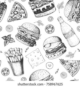 Burgers seamless pattern. Hand drawn vector illustration. Fast food, junk food pattern. American food. Burgers restaurant menu design. Engraved style image.