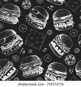 Burgers seamless pattern. Hand drawn vector illustration. Fast food, junk food pattern. American food. Burgers restaurant menu design. Engraved style image.