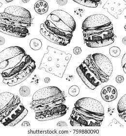 Burgers seamless pattern. Hand drawn vector illustration. Fast food, junk food pattern. American food. Burgers restaurant menu design. Engraved style image.