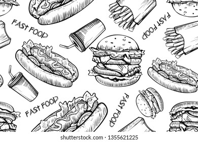 Burgers Seamless Pattern On White Background. Hand Drawn Hamburger And French Fries. Fast Food, Junk Food Pattern. American Food. Burgers Restaurant Menu Design. Hamburger Sandwich Sketch Style