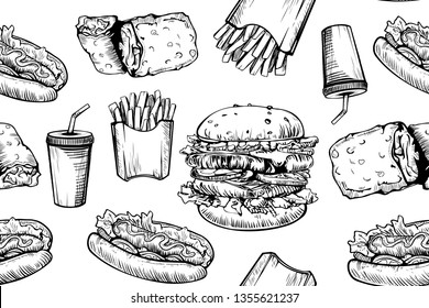 Burgers seamless pattern on white background. Hand drawn hamburger and french fries. Fast food, junk food pattern. American food. Burgers restaurant menu design. Hamburger sandwich sketch style