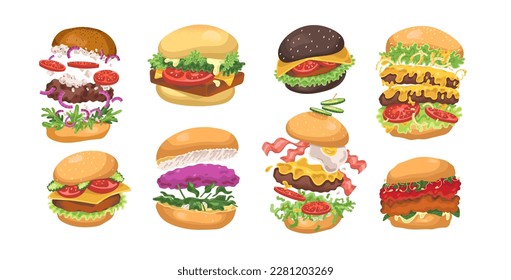 Burgers set. American fast food, buns with different fillings. Hamburgers, cheeseburgers snacks with cheese, meat, lettuce, sauce, bacon. Flat graphic vector illustrations isolated on white background