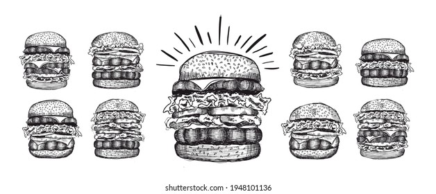 Burgers set hand drawn illustrations. Vector.	