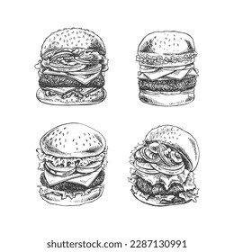 Burgers set. Hand drawn sketch of different burgers with bacon, cheese, salad, tomatoes, cucumbers etc. Fast food retro vector illustrations collection isolated on white background. Vintage illustrati