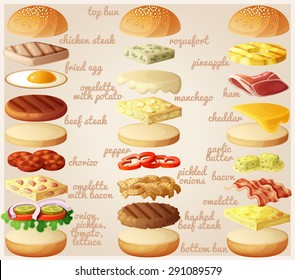 Burgers set. Ingredients: buns, cheese, bacon, tomato, onion, lettuce, cucumbers, pickle onions, beefs, ham. Vector illustration.