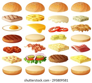 Burgers set. Ingredients: buns, cheese, bacon, tomato, onion, lettuce, cucumbers, pickle onions, beefs, ham. Vector icons isolated on white background