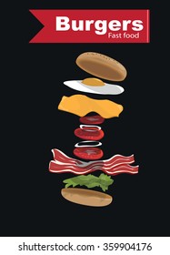 Burgers set. Ingredients. Vector isolated on black background.
