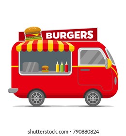 Burgers street food caravan trailer. Colorful vector illustration, cartoon style, isolated on white background