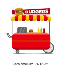 Burgers street food cart. Colorful vector illustration, cartoon style, isolated on white background