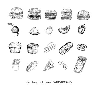 Burgers, Vegetables, fruits and bakery set, hand drawn sketch illustration on white background. Unhealthy snack and healthy lifestyle. Delicious food drawn by hand.