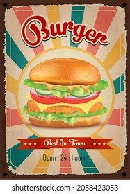 Cartel del restaurante vintage de las hamburguesas. Afiche de la cosecha de comida rápida. Diseño retro con una gran hamburguesa sobre fondo de metal antiguo color rojo y turquesa. Medios de impresión de decoración de paredes. Ilustración del vector EPS10.