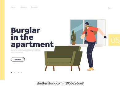 Burglar in apartment concept of landing page with robber escape with bag of stolen after housebreaking though window. Home breaking and burglary concept. Flat vector illustration