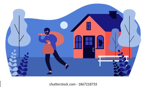 Burglar in balaclava carrying bags from house. Thief, gangster, broken window flat vector illustration. Crime or burglary concept for banner, website design or landing web page