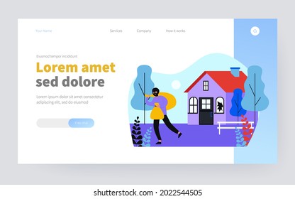 Burglar in balaclava carrying bags from house. Thief, gangster, broken window flat vector illustration. Crime or burglary concept for banner, website design or landing web page