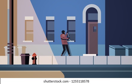 burglar in black mask using crowbar breaking entering into home criminal thief character trying to force window night city building exterior flat horizontal