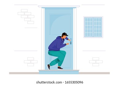 Burglar breaking into house flat color vector faceless character. Home break-in. Lockpicking. Thief opening interior door. Robber picking lock. Isolated cartoon illustration