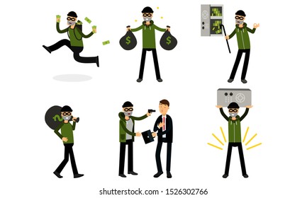 Burglar breaking safe with crowbar. Vector Illustration Set Of Cartoon Thief Character Isolated On White Background