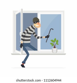 Burglar - cartoon people characters illustration isolated on white background. An image of a housebreaker, thief in a mask breaking into a house through an open window at night, holding a crowbar