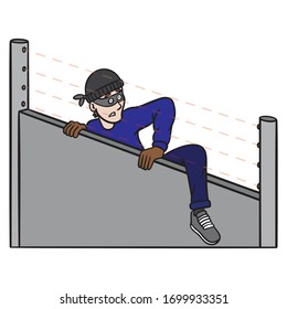 A Burglar Climbs Over A Wall And Is Surprised By The Light Barrier Of The Alarm System.  Comic, Vector Illustration In Color.