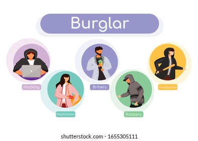 Burglar flat color vector informational infographic template. Hacking. Bribery, robbery. Poster, booklet, PPT page concept design with cartoon characters. Advertising flyer, leaflet, info banner idea