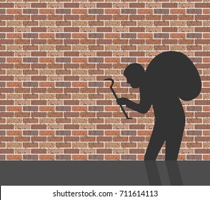 Burglar in front of brick wall, vector