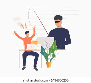 Burglar Hacking Into Office Email Server. Hacker Holding Fishing Tackle With Hooked Letter Of Employee. Cybercrime Concept. Vector Illustration Can Be Used For Scammer Attack, Fraud, Security