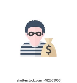 Burglar Icon In Flat Color Style. People Person Thief Steal Money Sack Dollar Sign