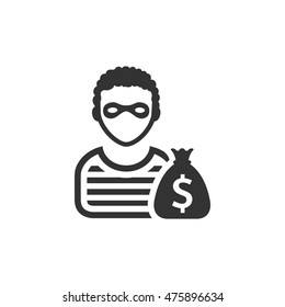 Burglar Icon In Single Color. People Person Thief Steal Money Sack Dollar Sign