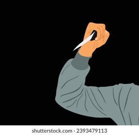 Burglar man with knife in hand attacking on victim vector illustration isolated on black background. Terrorist man with cold weapon in attack. Armed housebreaker male treat people life. Crime scene.