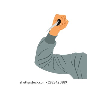 Burglar man with knife in hand attacking on victim vector illustration isolated on white background. Terrorist man with cold weapon in attack. Armed housebreaker male treat people life. Crime scene.