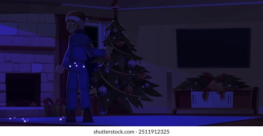 Burglar man near Christmas tree in living room. Home interior background and thief near brick fireplace scene. Robber back character inside decorated apartment with xmas present with scattered lights