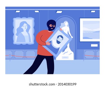 Burglar in mask stealing painting from art gallery. Angry criminal holding portrait in museum at night flat vector illustration. Crime, security concept for banner, website design or landing web page